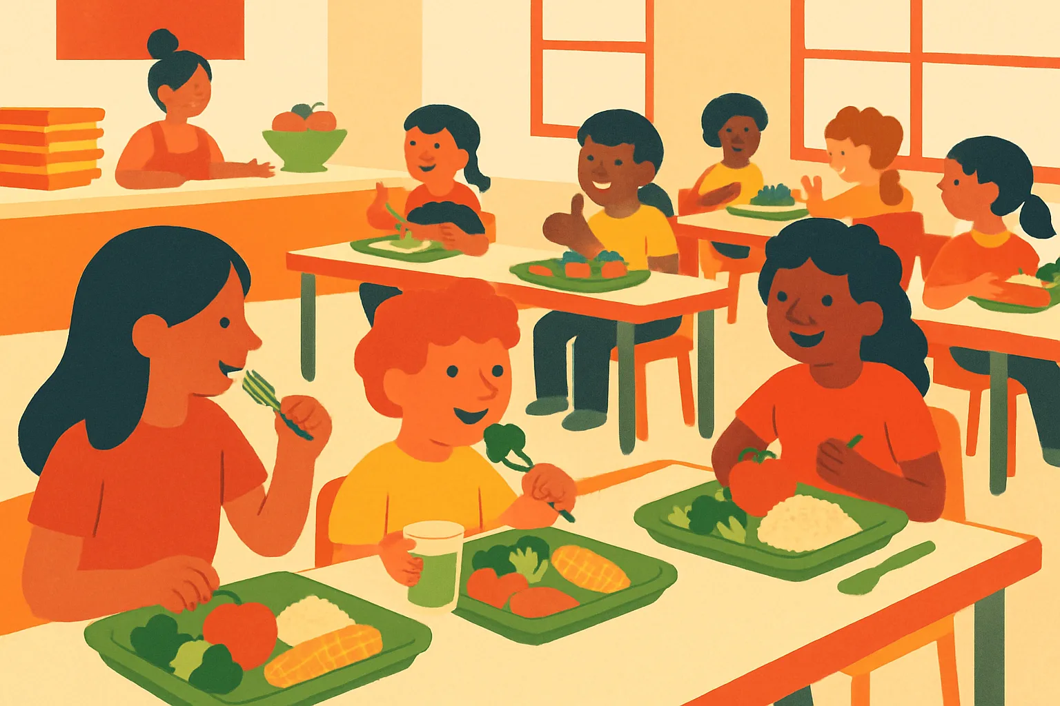Crianças em uma cantina escolar, desfrutando de refeições equilibradas com frutas e legumes.
