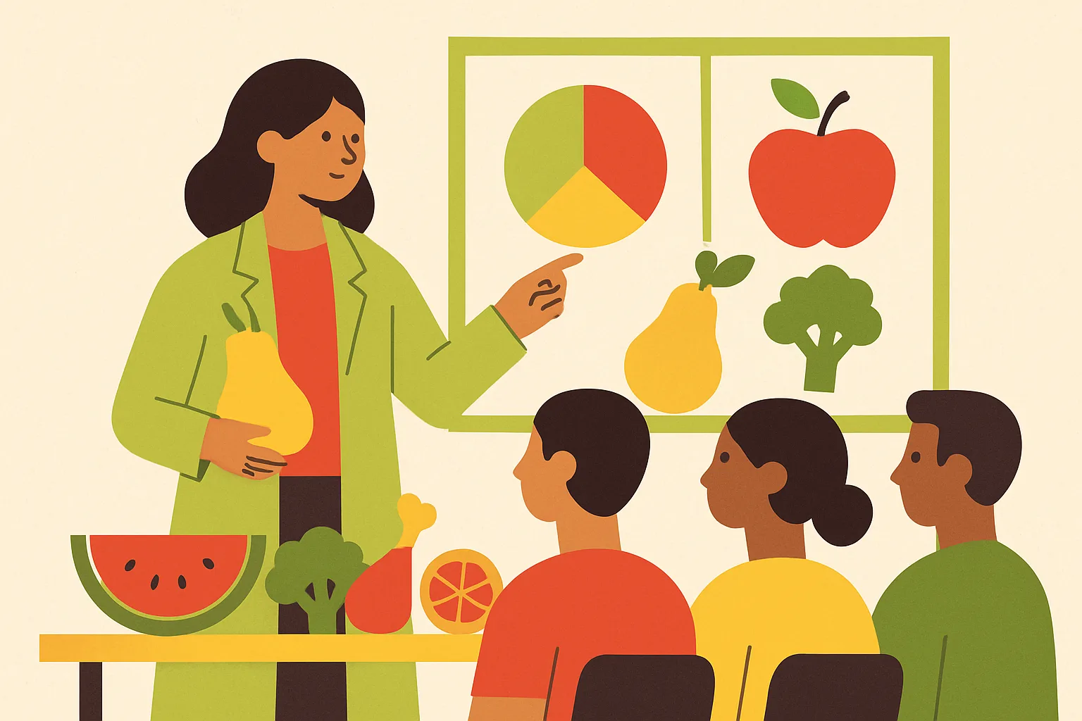Nutricionista ensinando a alunos sobre hábitos alimentares saudáveis com gráficos coloridos.