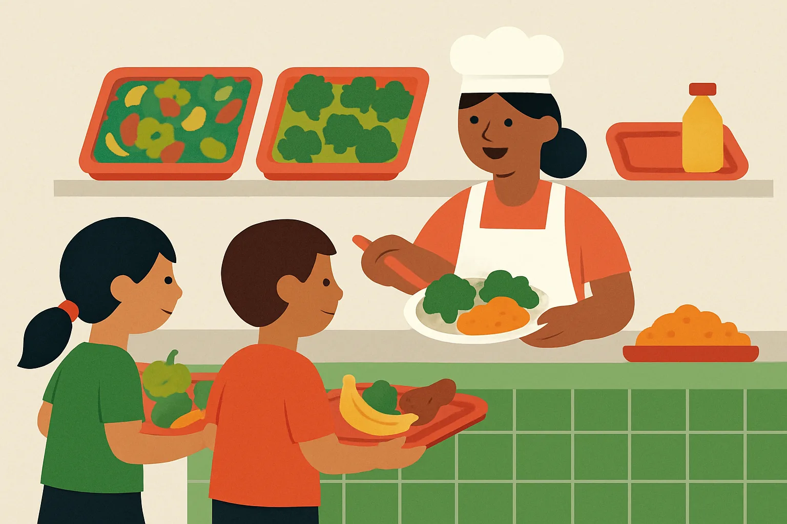 Uma cantina escolar servindo refeições nutritivas para crianças.