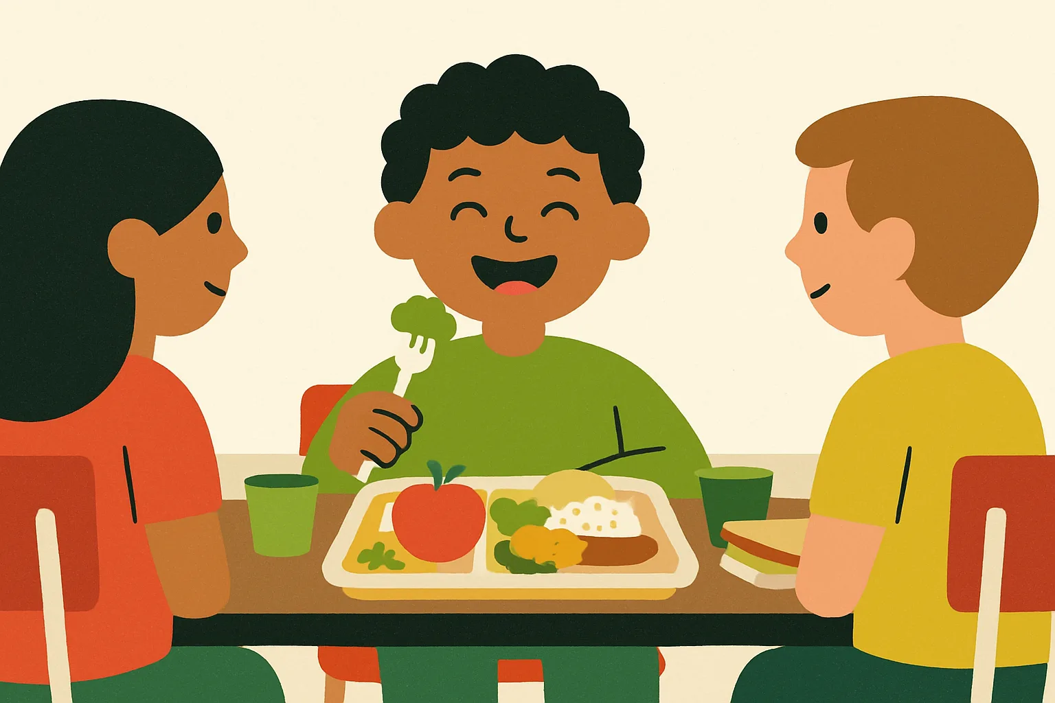 Uma criança feliz comendo uma refeição equilibrada na mesa do almoço escolar.